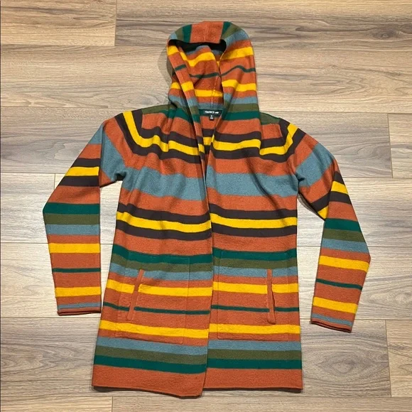 Toad & Co Heartfelt Merino Wool Hoodie in Orange/Yellow/Olive Green/Blue Medium - Picture 2 of 13